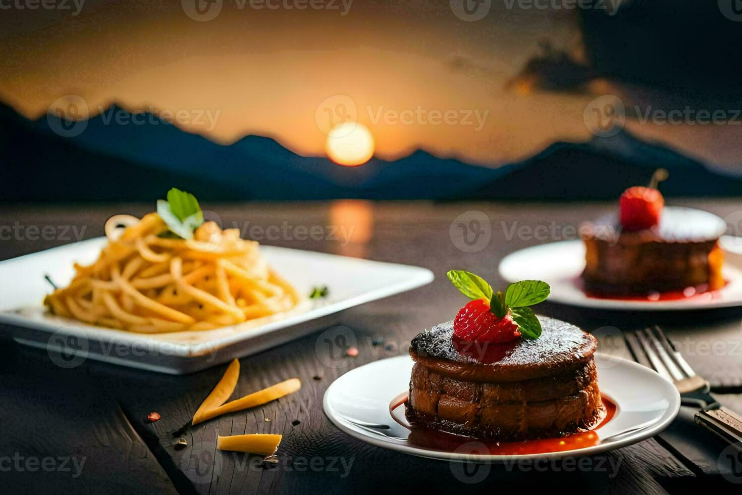 pasta and dessert on a wooden table. AI-Generated photo