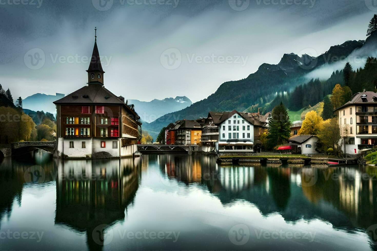 a beautiful lake and buildings in the mountains. AI-Generated photo