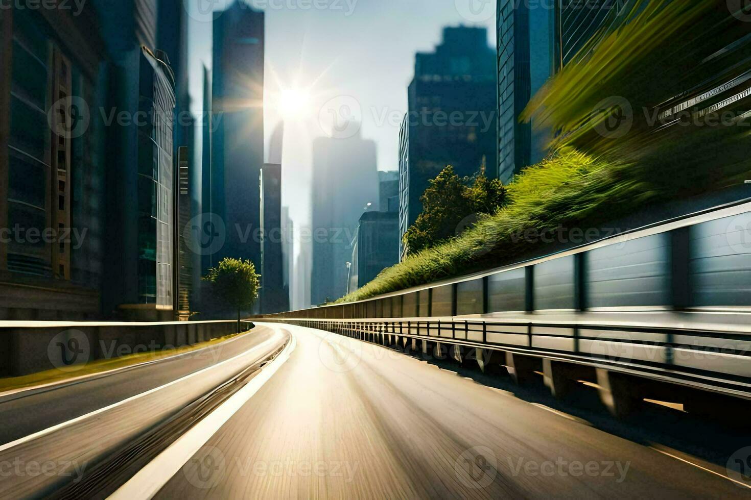 un borroso imagen de un ciudad calle con un coche conducción en él. generado por ai foto