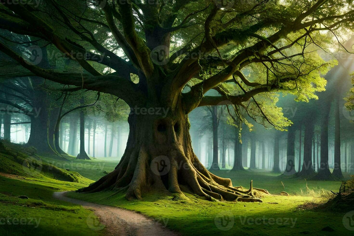 a large tree in the middle of a forest. AI-Generated 33586192 Stock ...