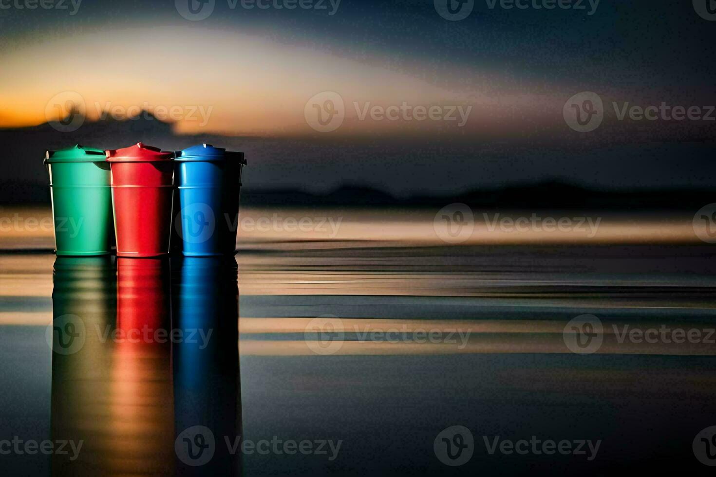 three colorful trash cans sitting on the beach at sunset. AI-Generated photo