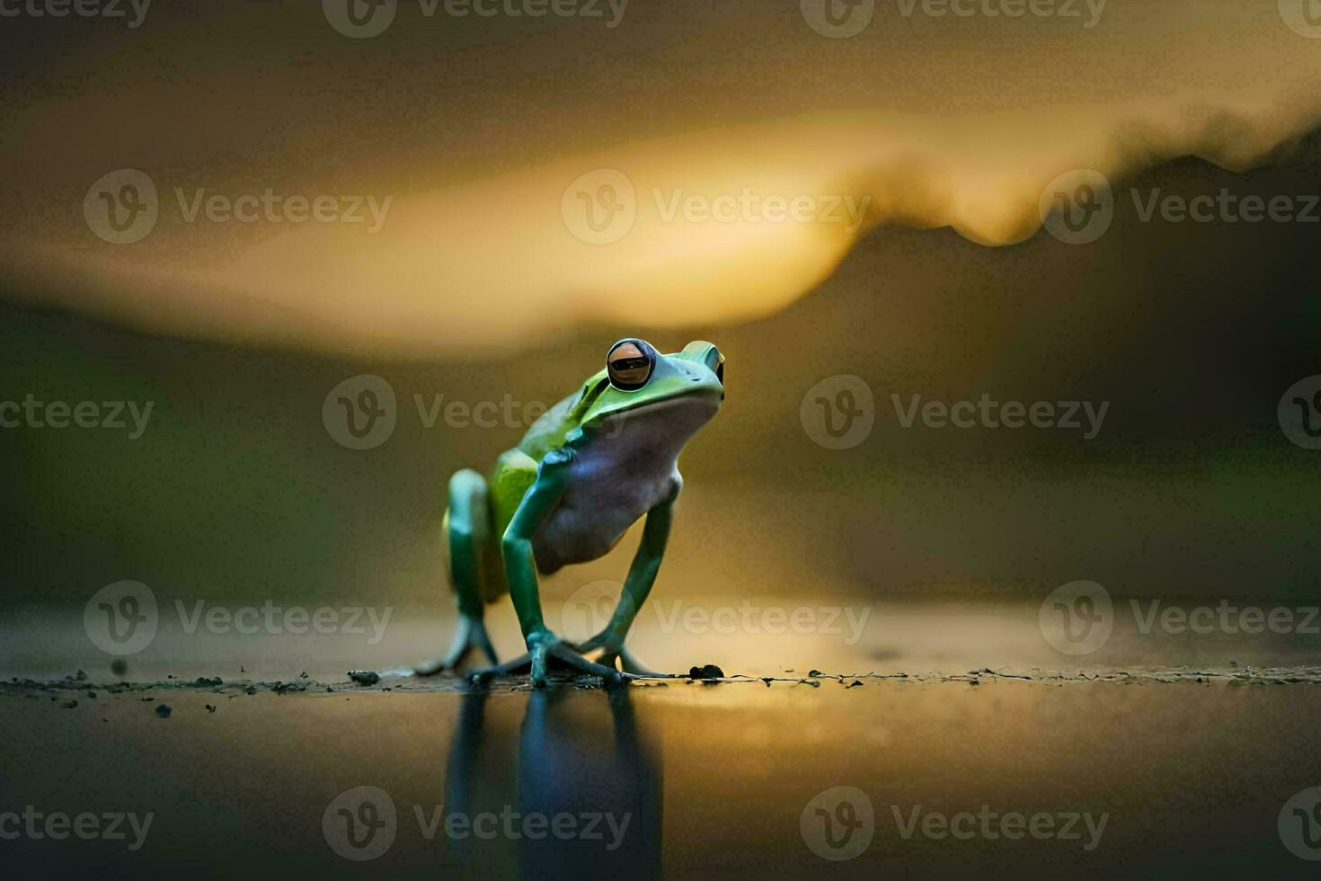 a frog is standing on the ground at sunset. AI-Generated photo