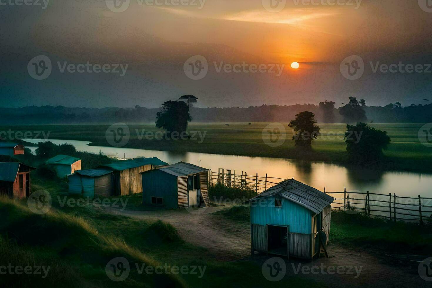 a beautiful sunrise over a river and small huts. AI-Generated photo