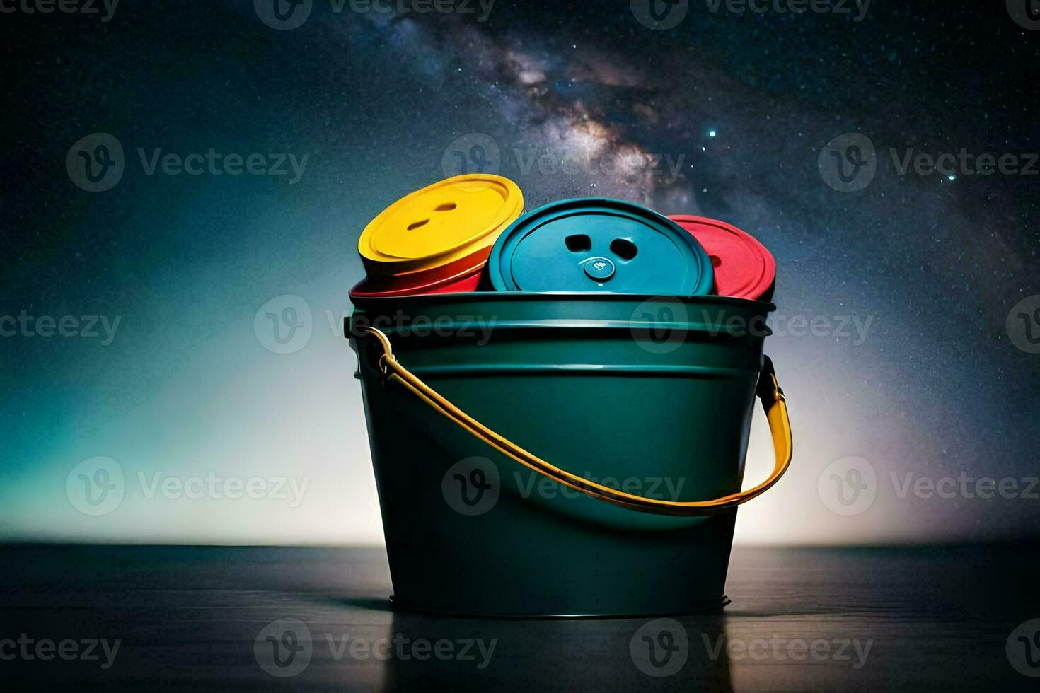 a bucket filled with colorful buttons. AI-Generated photo
