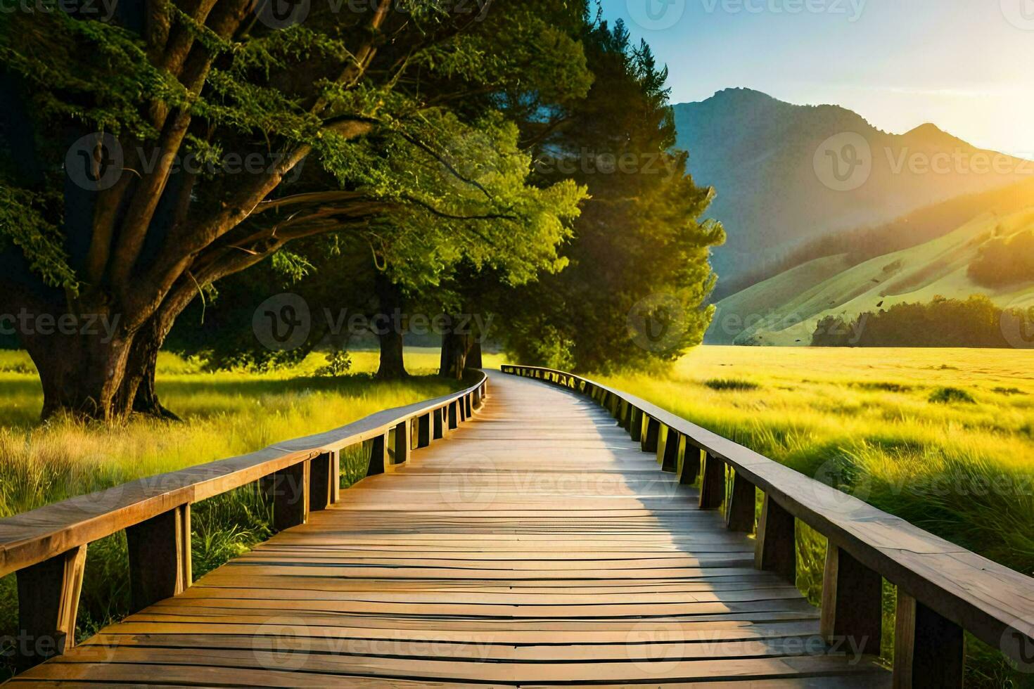 a wooden path leads to a grassy field with mountains in the background. AI-Generated photo