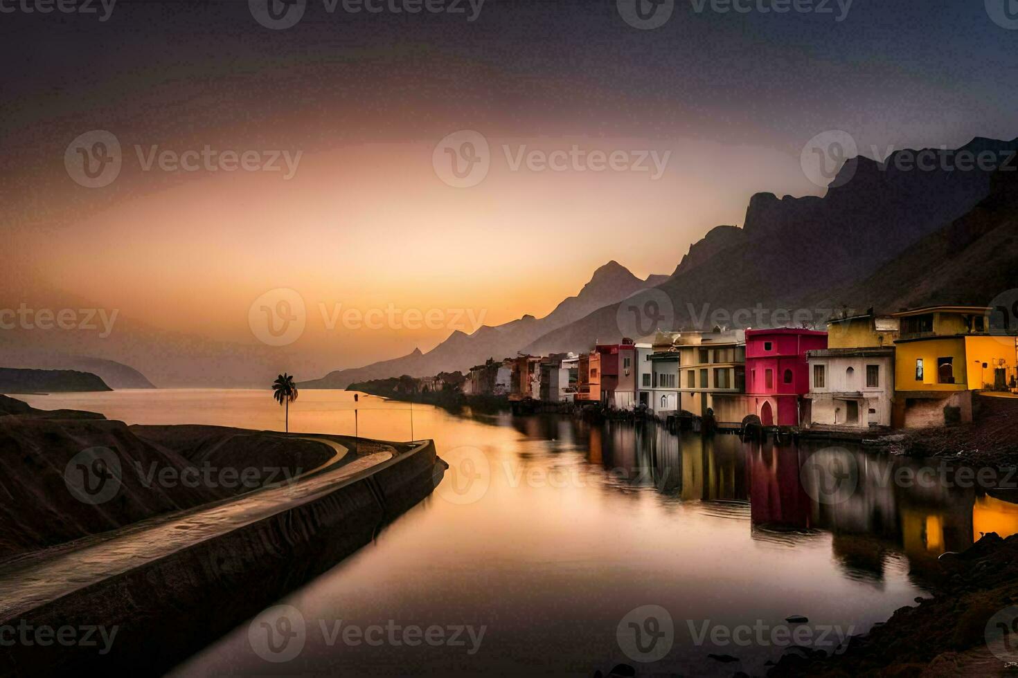 the sunset over the water in a town. AI-Generated photo