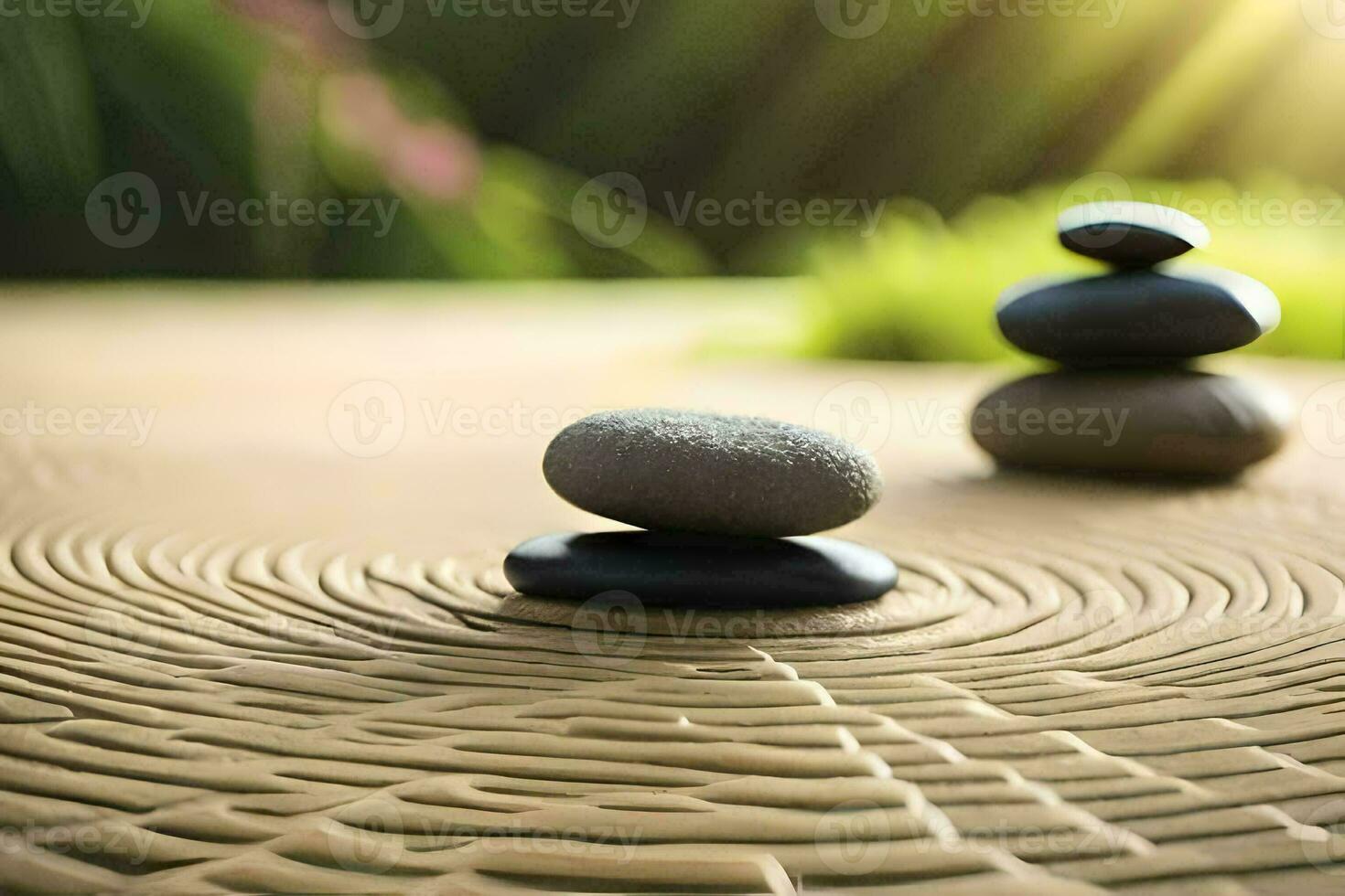 two stones on a wooden table with a green background. AI-Generated photo