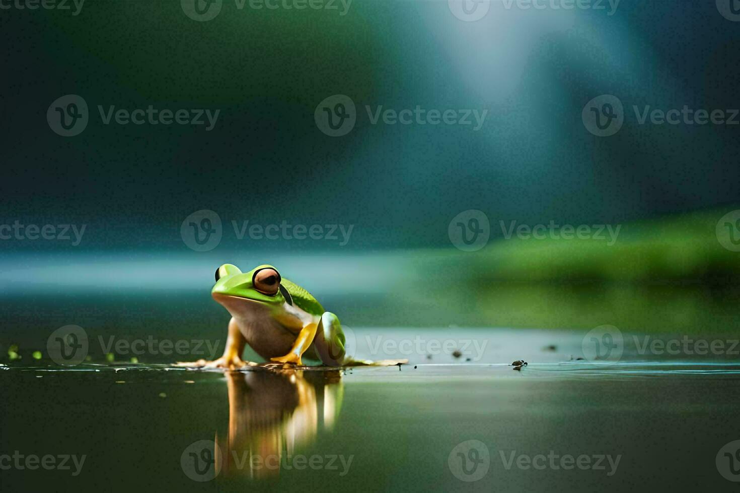 a frog sitting on the water in front of a green background. AI-Generated photo
