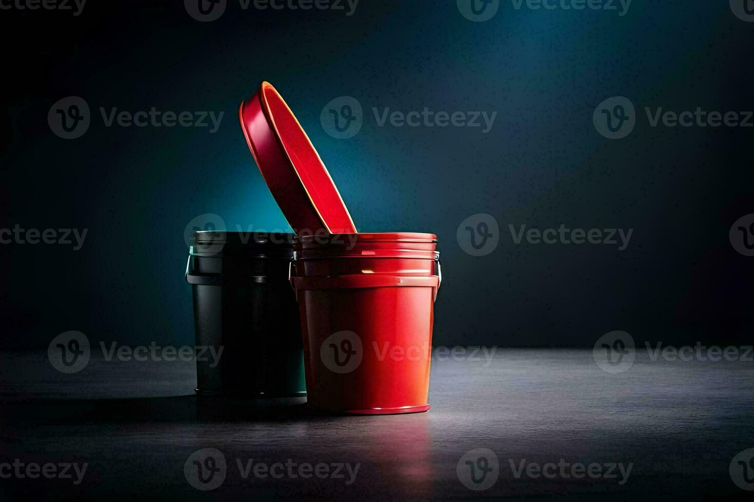 dos rojo y negro basura latas en un oscuro superficie. generado por ai foto
