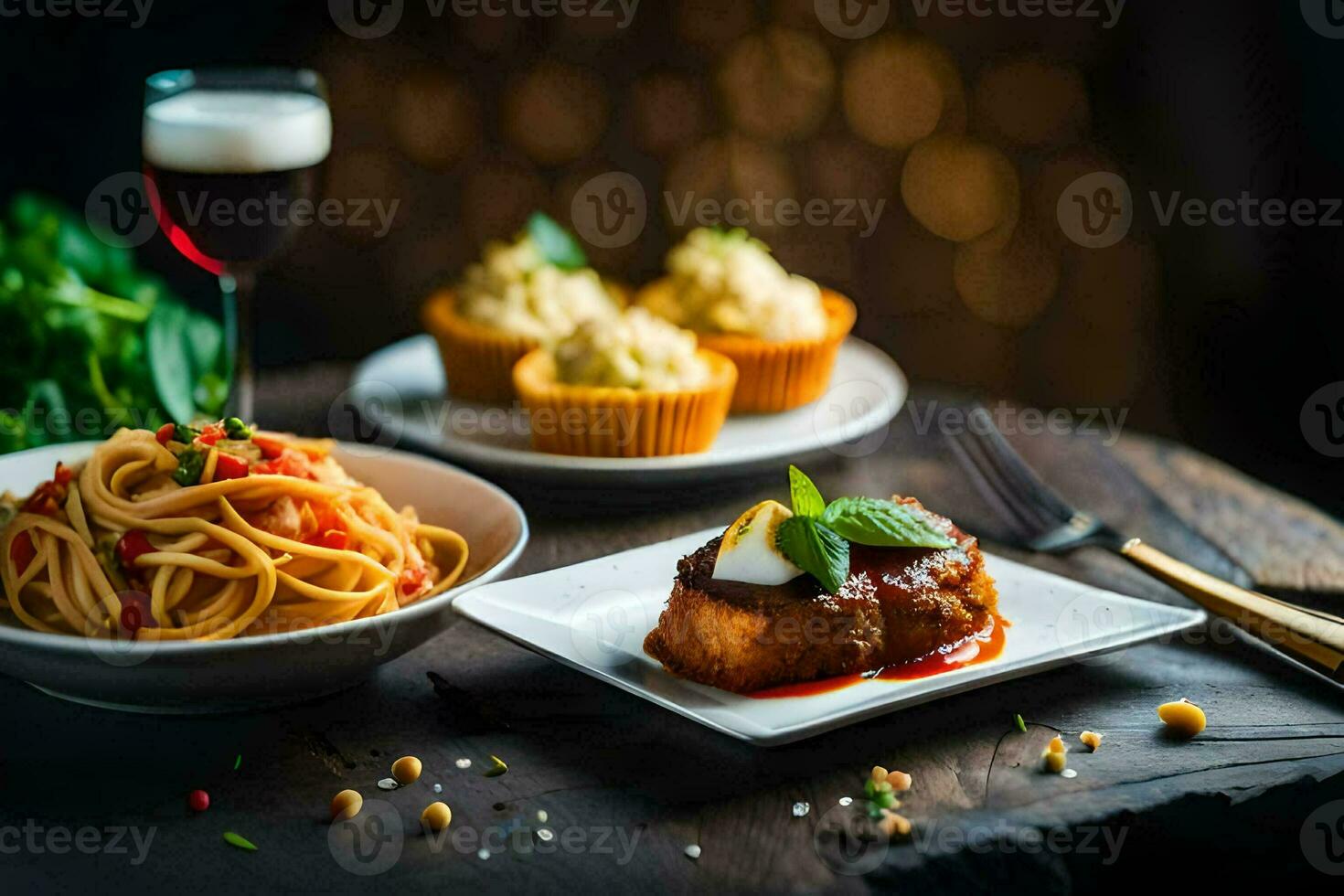 a table with pasta, meat and a glass of wine. AI-Generated photo