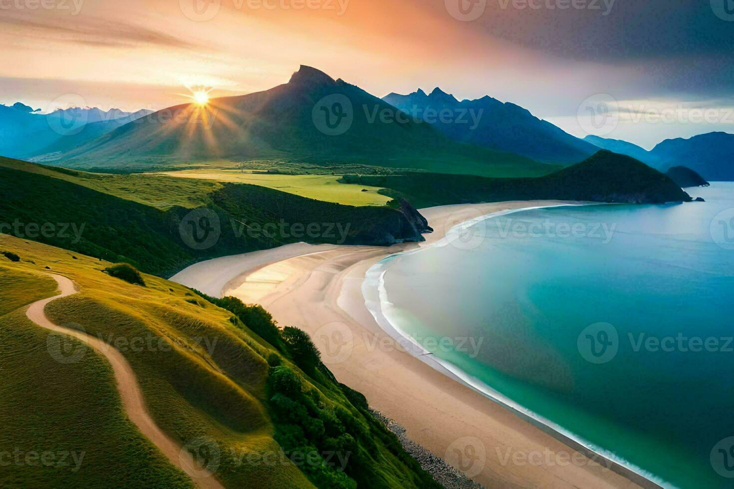the sun sets over a beach and mountains in the background. AI-Generated photo