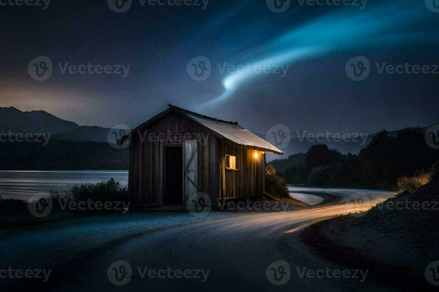 a small cabin in the middle of a road with a bright light shining from the sky. AI-Generated photo