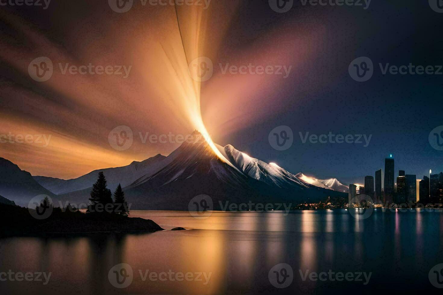 a mountain with light beams coming from it. AI-Generated photo