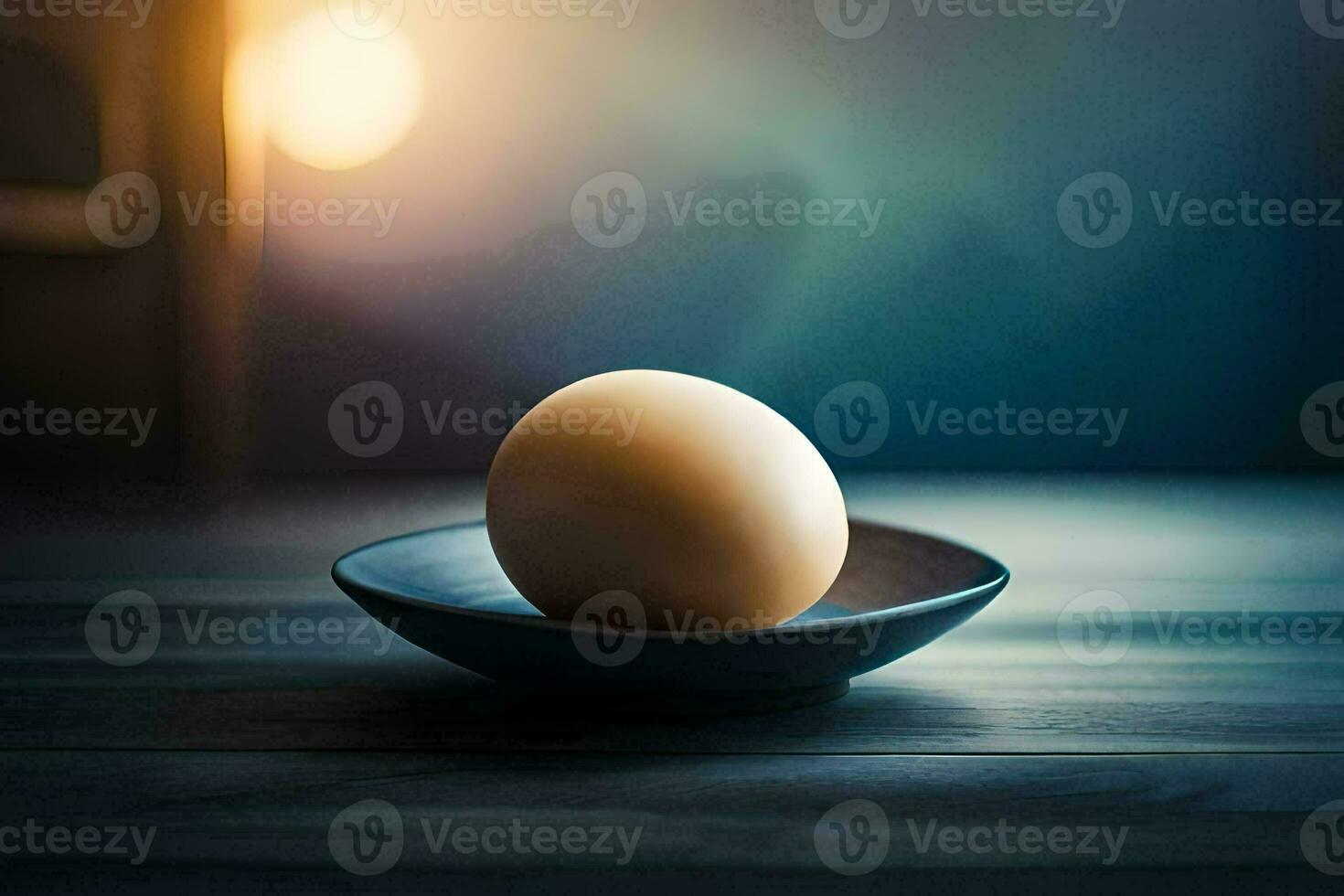 an egg on a plate in front of a light. AI-Generated photo