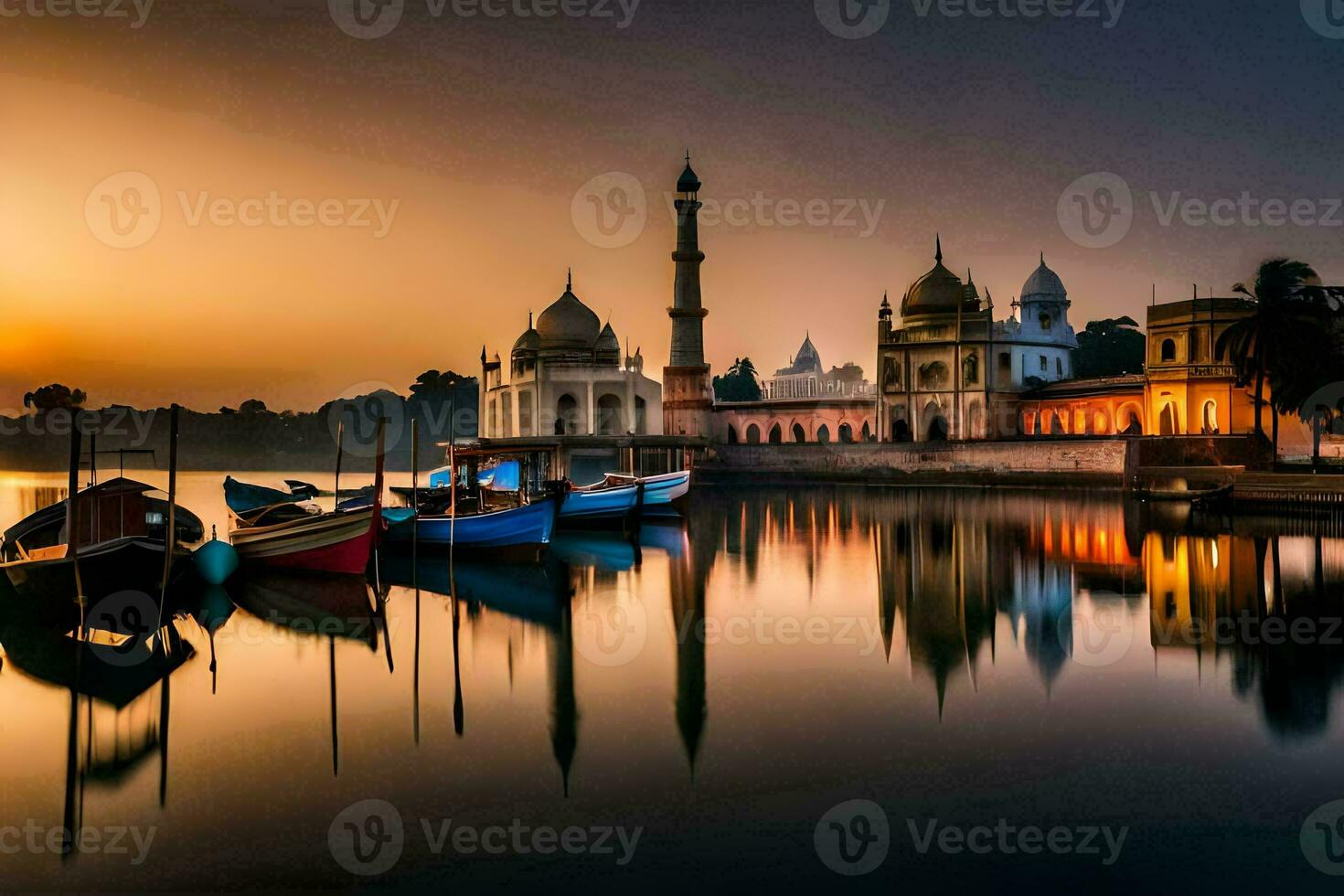 the sun sets over a lake with boats in front of a mosque. AI-Generated photo