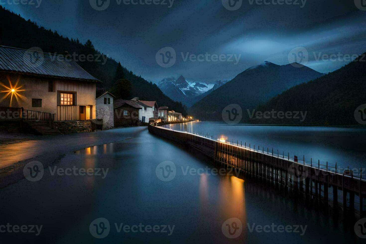 un lago y un casa a noche. generado por ai foto