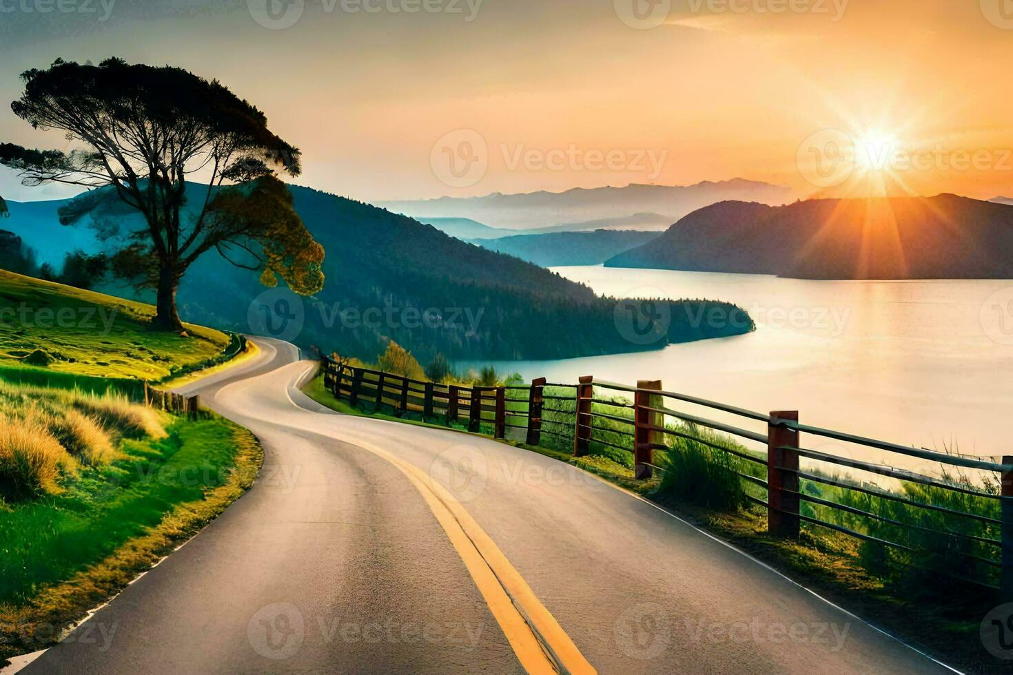 a scenic road with a lake and mountains in the background. AI-Generated photo