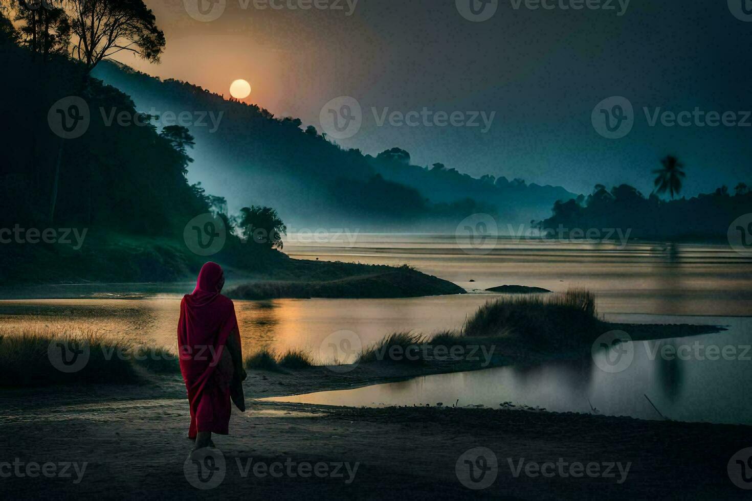 a woman in a red robe is walking along the shore at sunrise. AI-Generated photo