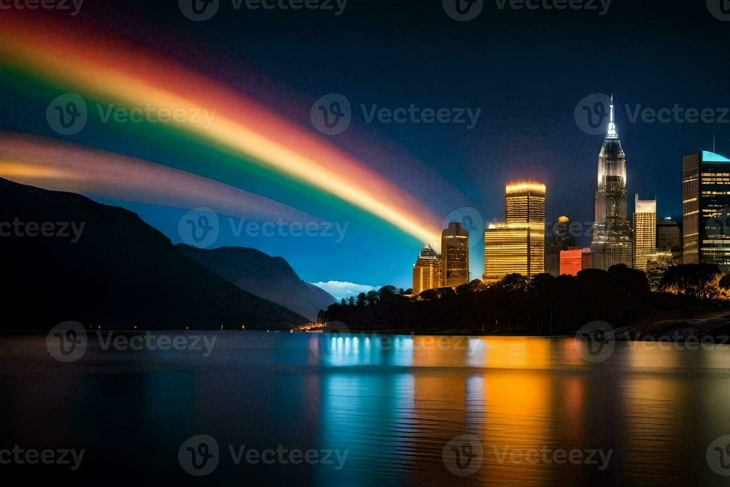 a rainbow over a city skyline at night. AI-Generated photo