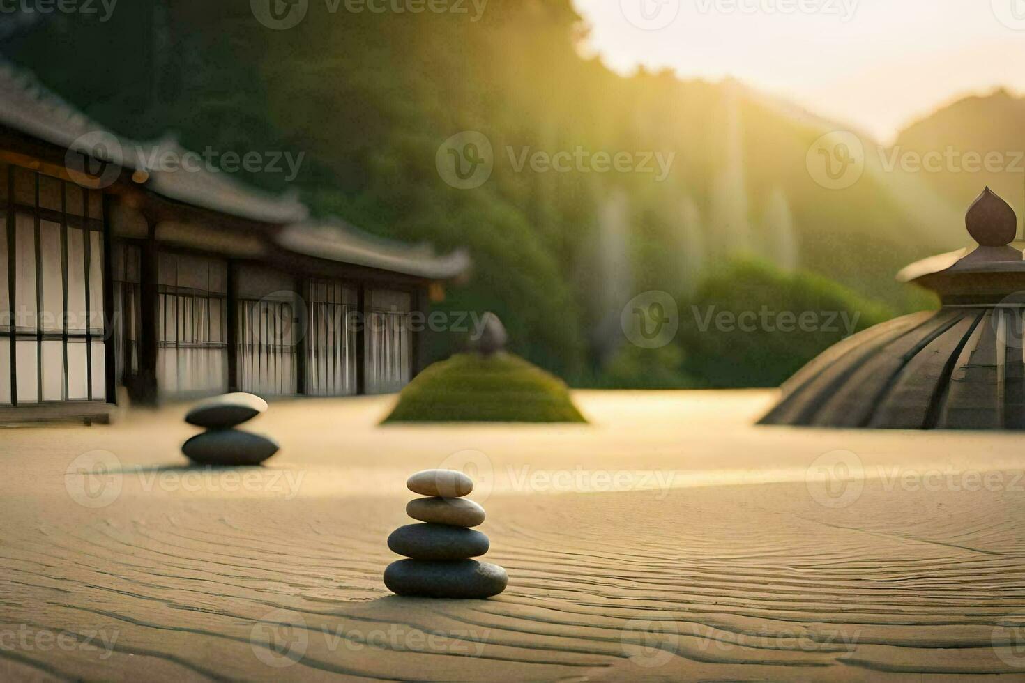 a zen garden with stones and a pagoda in the background. AI-Generated photo