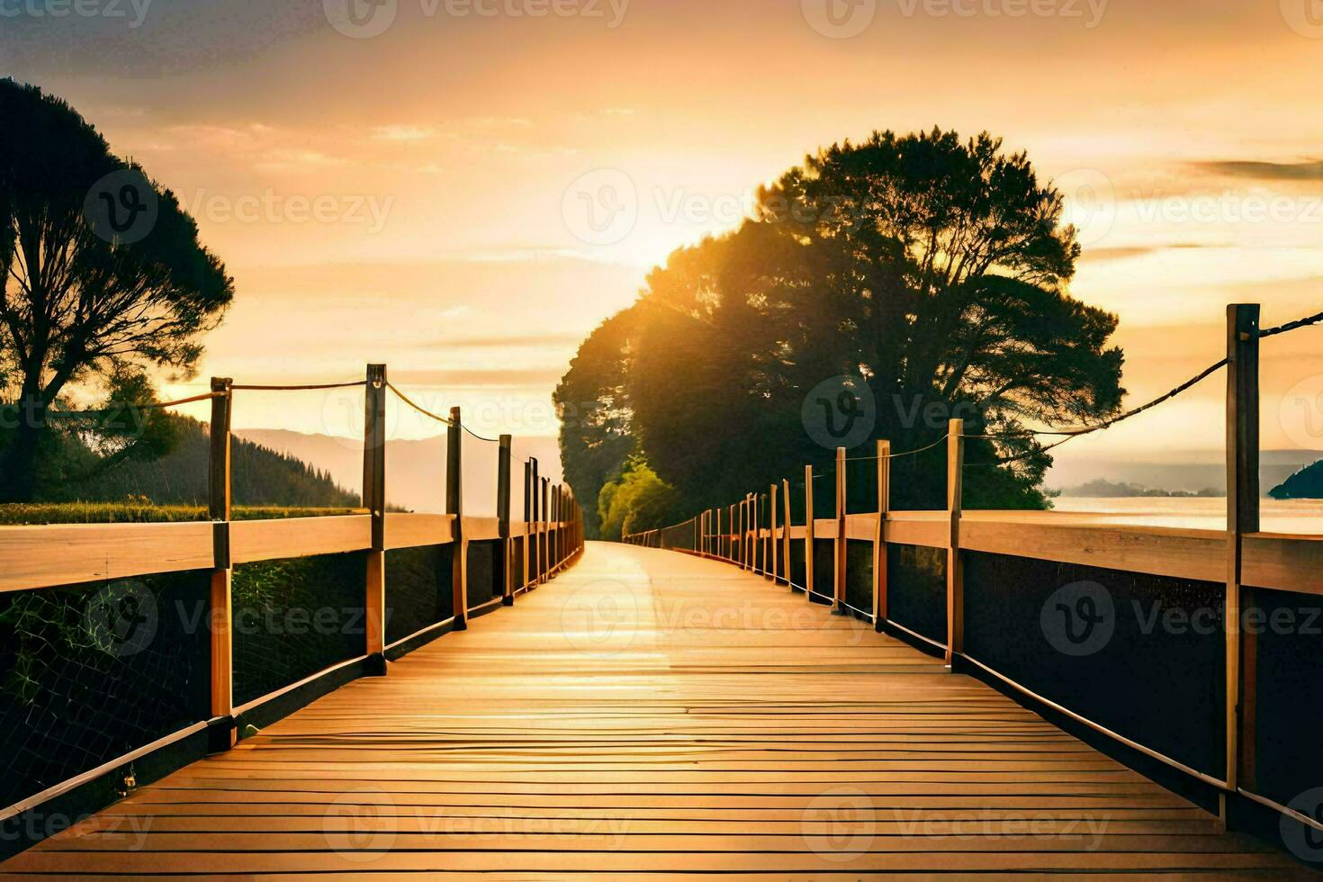 a wooden bridge leads to the sunset. AI-Generated photo