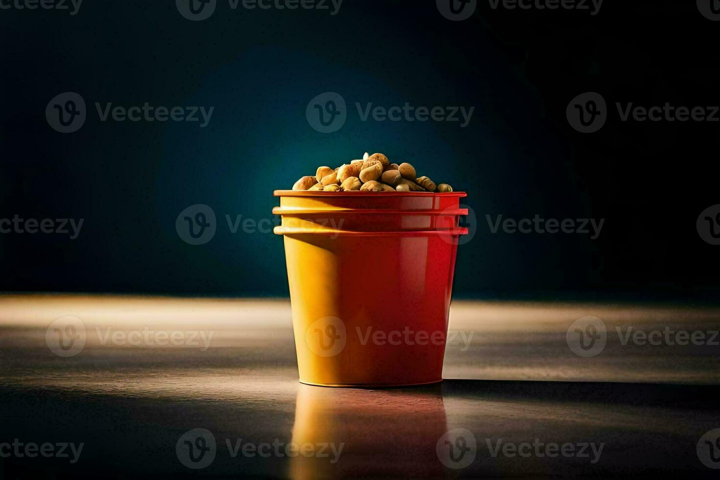 a red cup filled with popcorn on a dark table. AI-Generated photo