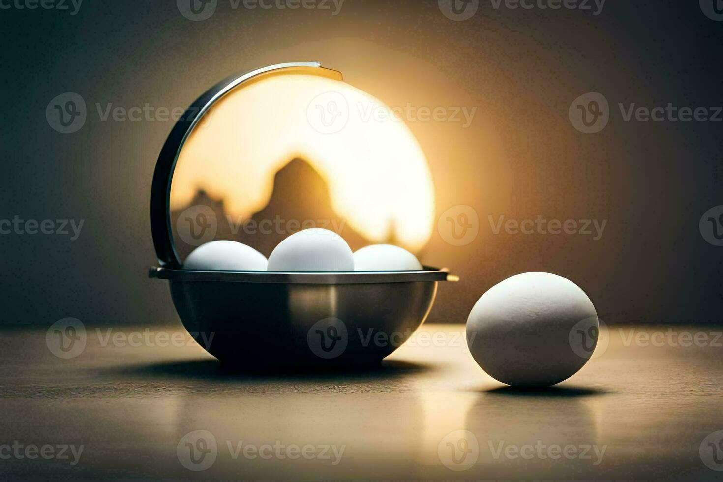 eggs in a bowl with a sun behind them. AI-Generated photo
