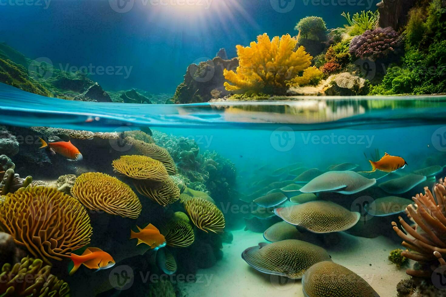 the sun shines over a coral reef and fish. AI-Generated photo