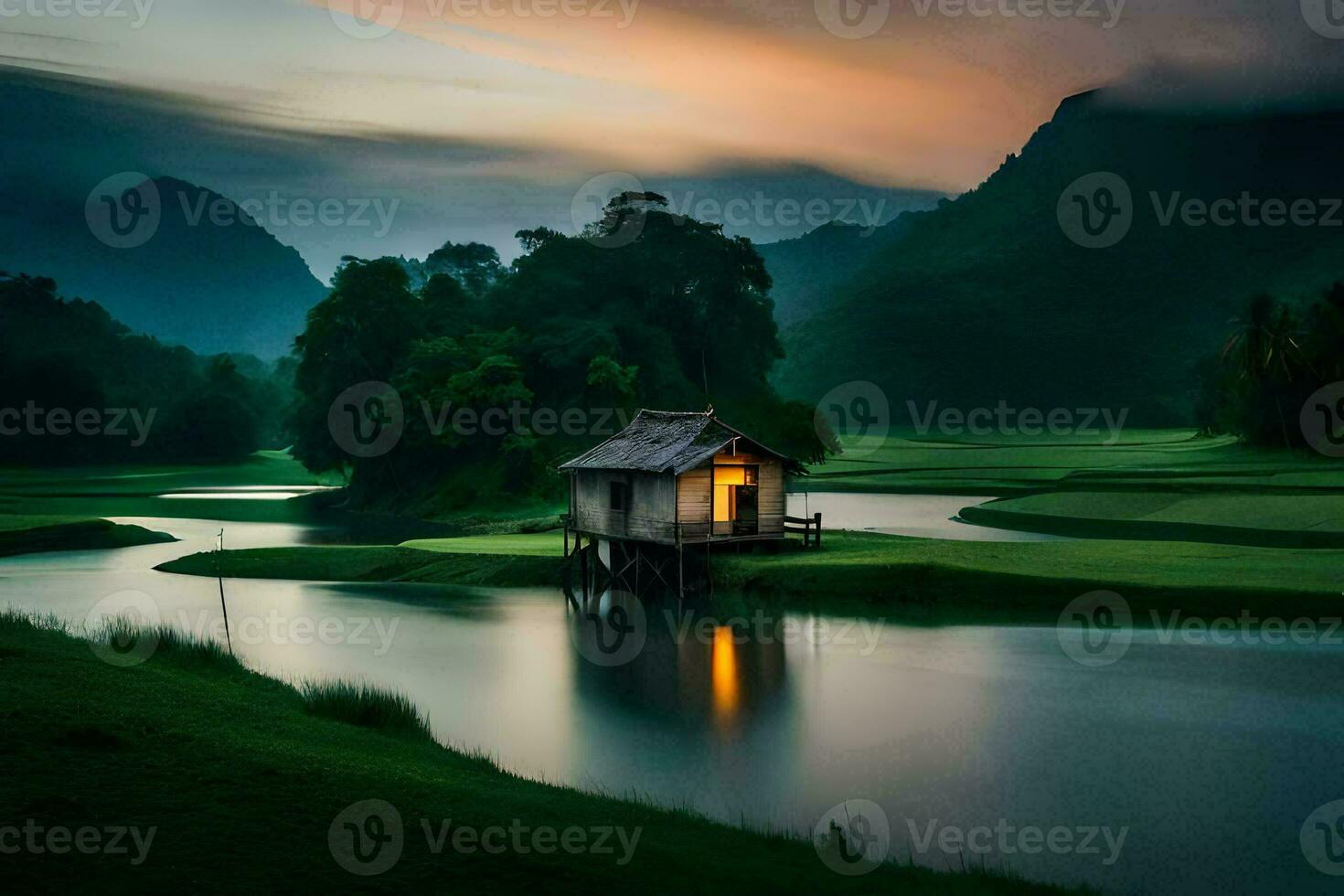 the house in the middle of the river. AI-Generated photo