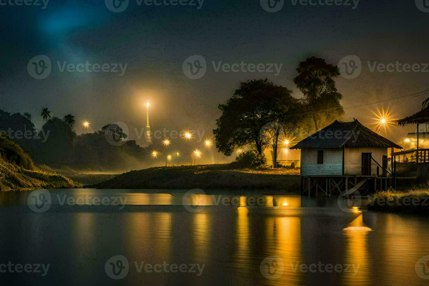 a small house sits on the edge of a lake at night. AI-Generated photo