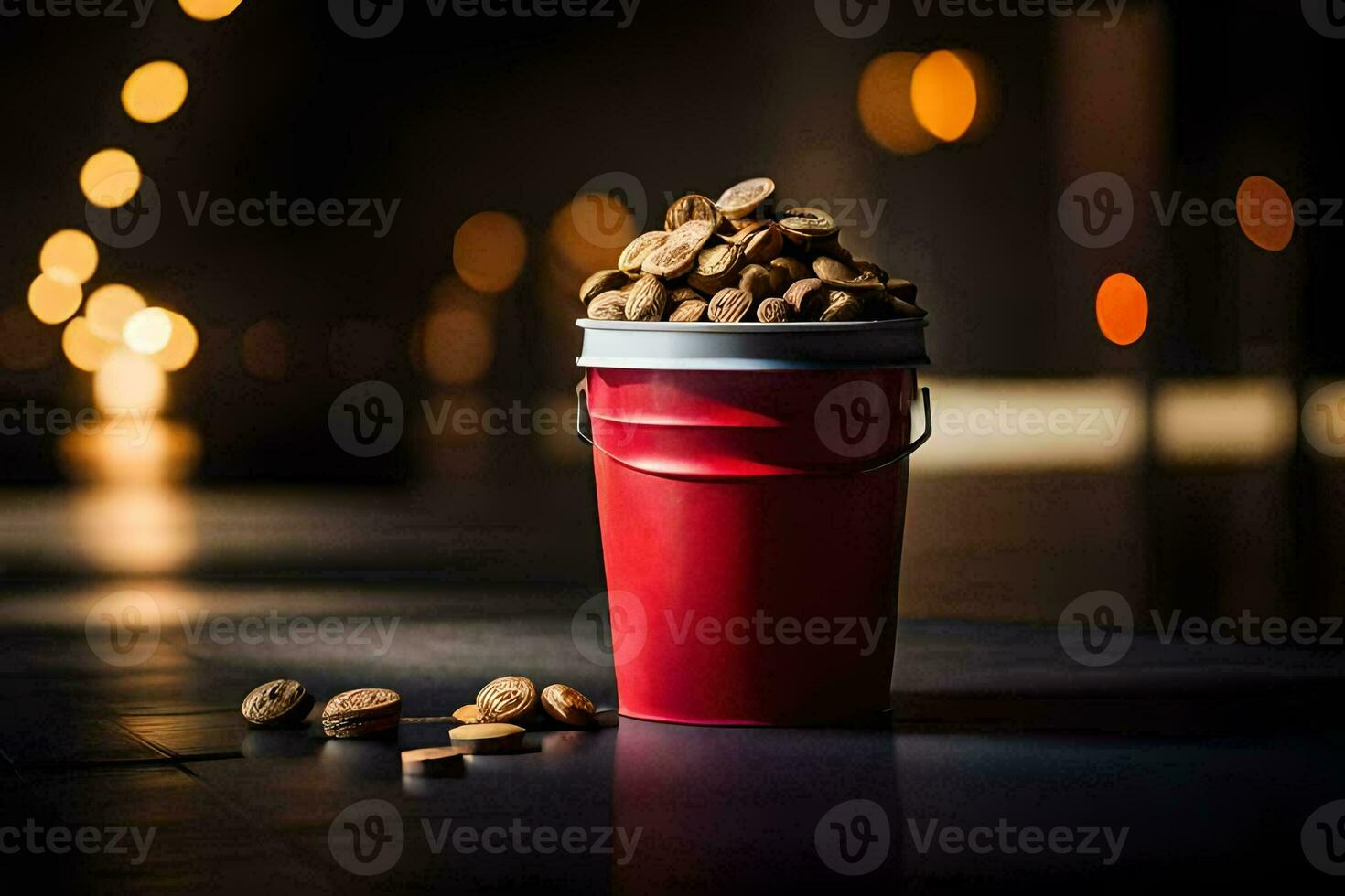 a red bucket filled with nuts on a table. AI-Generated photo