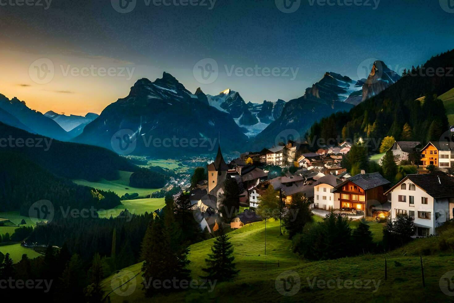 the sun sets over a village in the mountains. AI-Generated photo