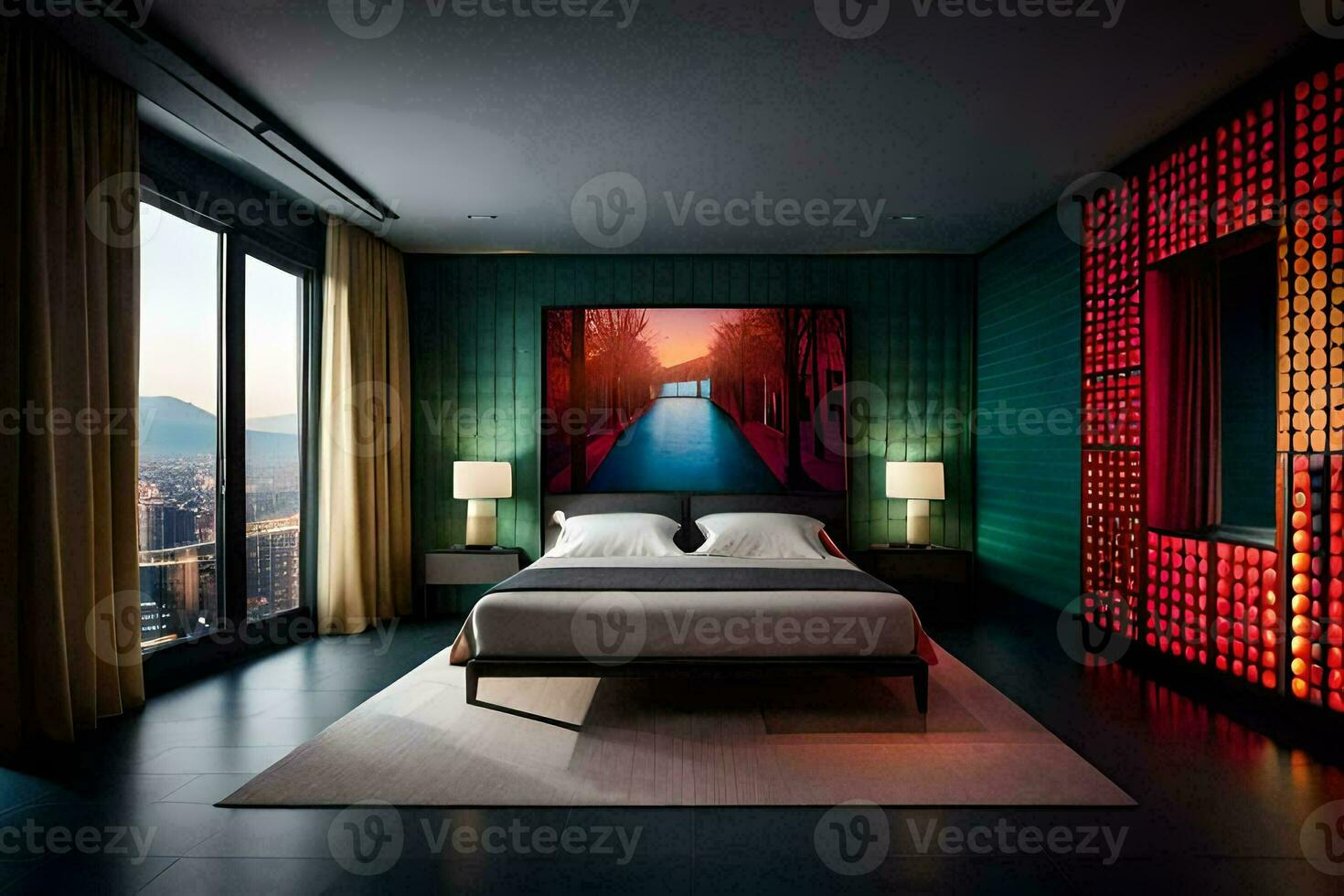 a bedroom with a large bed and a painting on the wall. AI-Generated photo