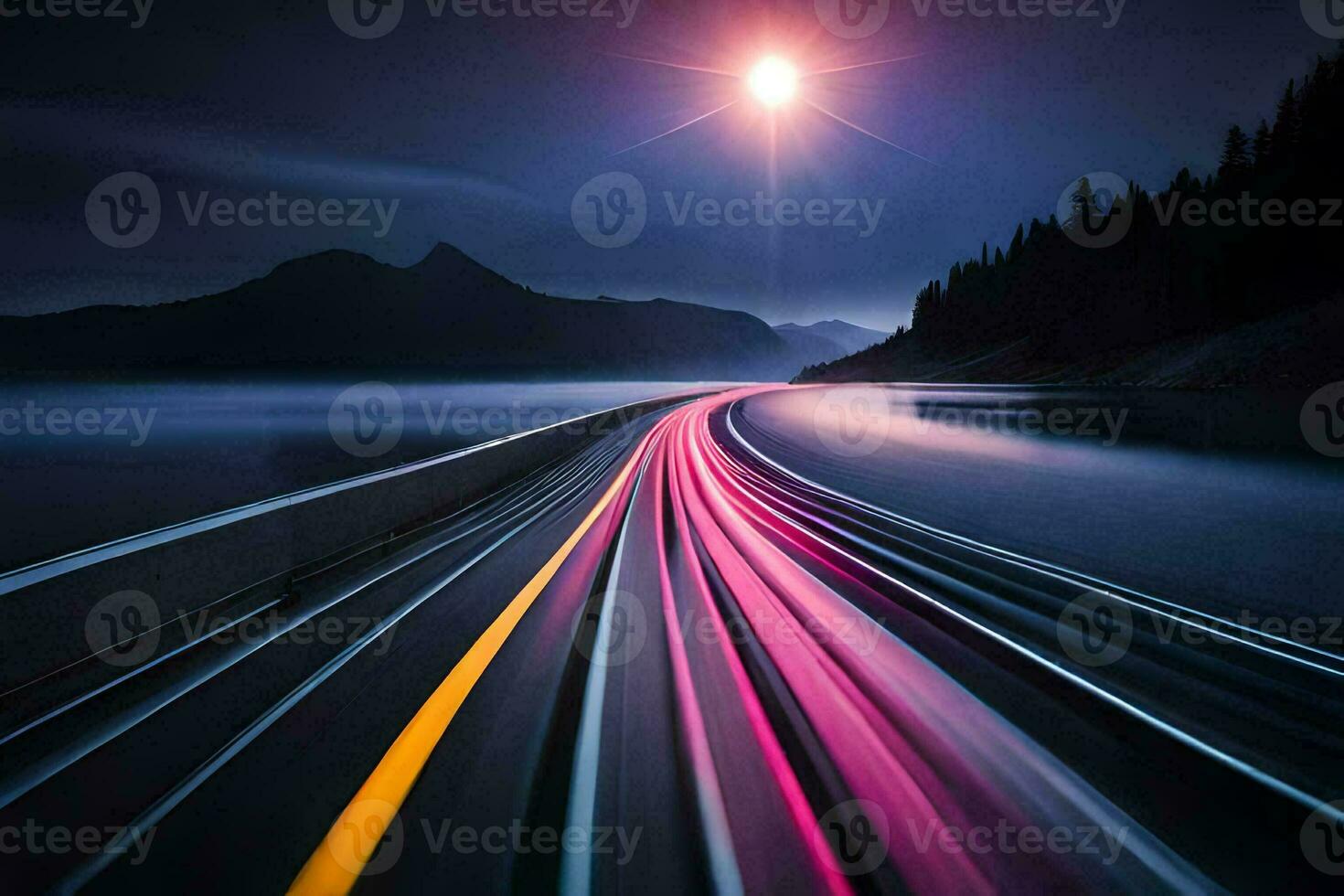 a long exposure photograph of a highway at night. AI-Generated photo