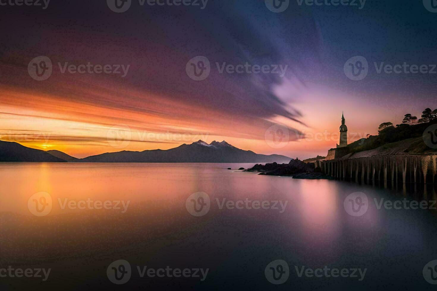 a long exposure photograph of a lighthouse in the distance. AI-Generated photo