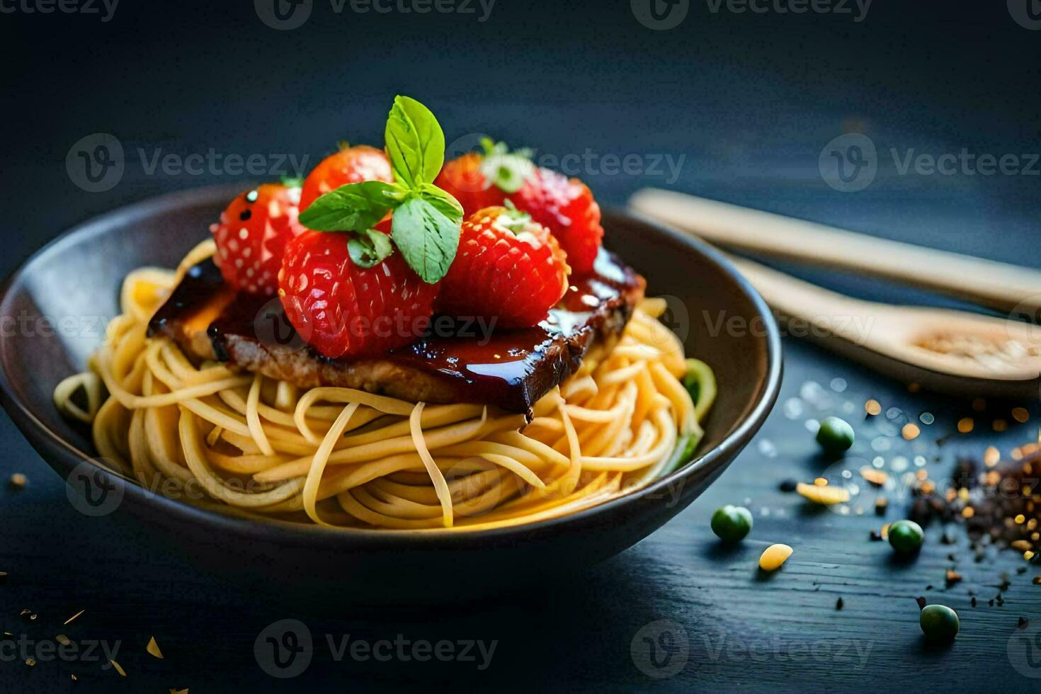 spaghetti with meat and strawberries on a wooden table. AI-Generated photo