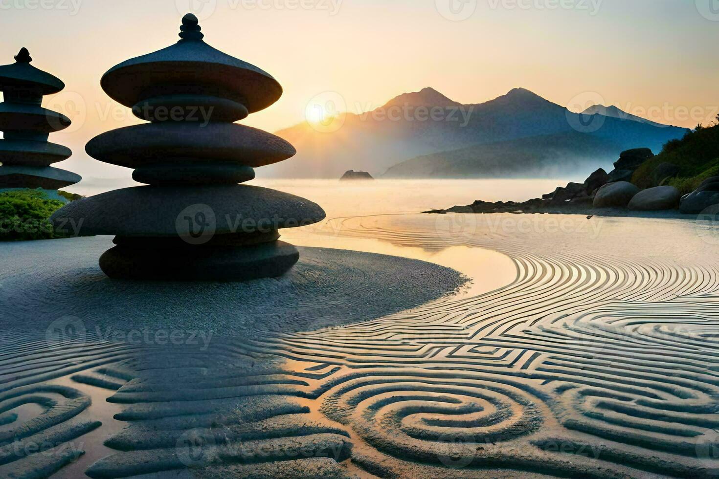 a stone pagoda in the sand with mountains in the background. AI-Generated photo