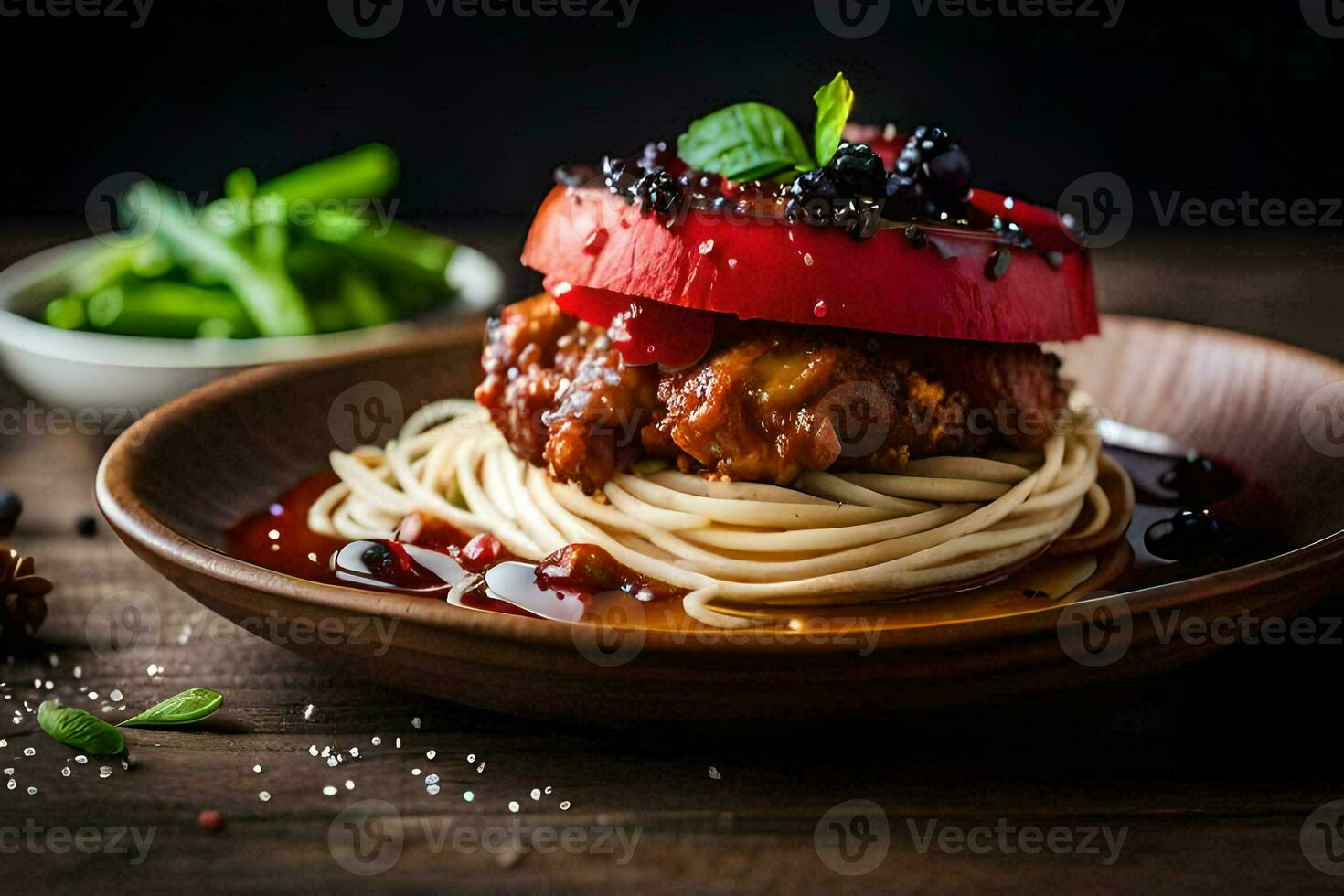 a plate with spaghetti and meat on top. AI-Generated photo