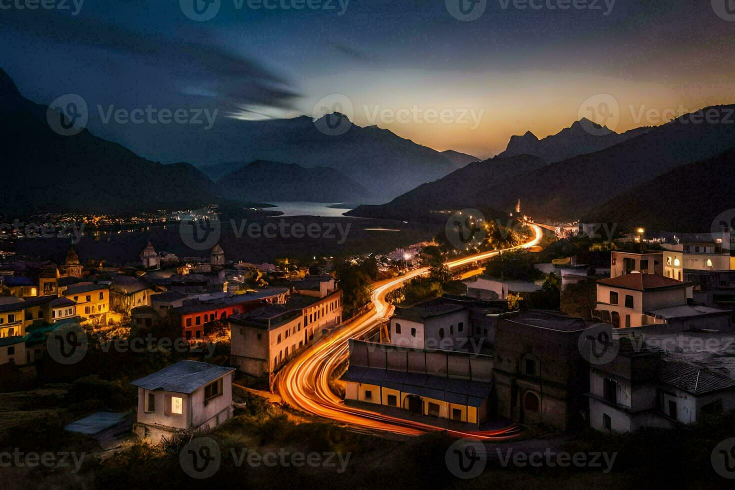 a town at night with lights on the road. AI-Generated photo