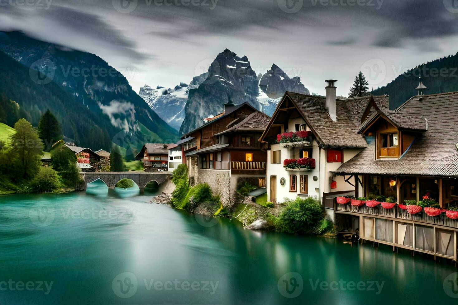 photo wallpaper mountains, the sky, river, house, the mountains, the river, the house. AI-Generated