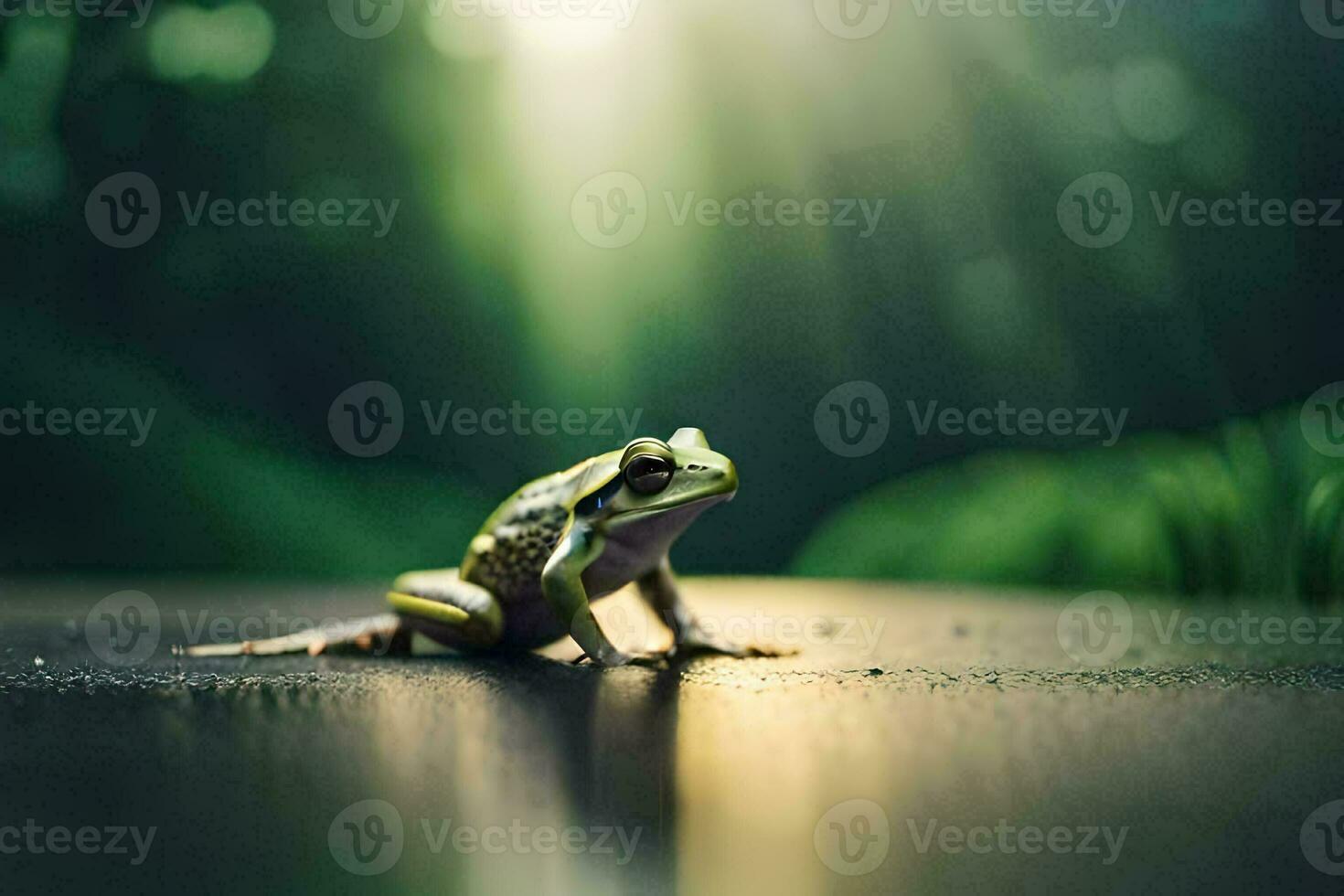 a frog sitting on the ground in front of a green background. AI-Generated photo