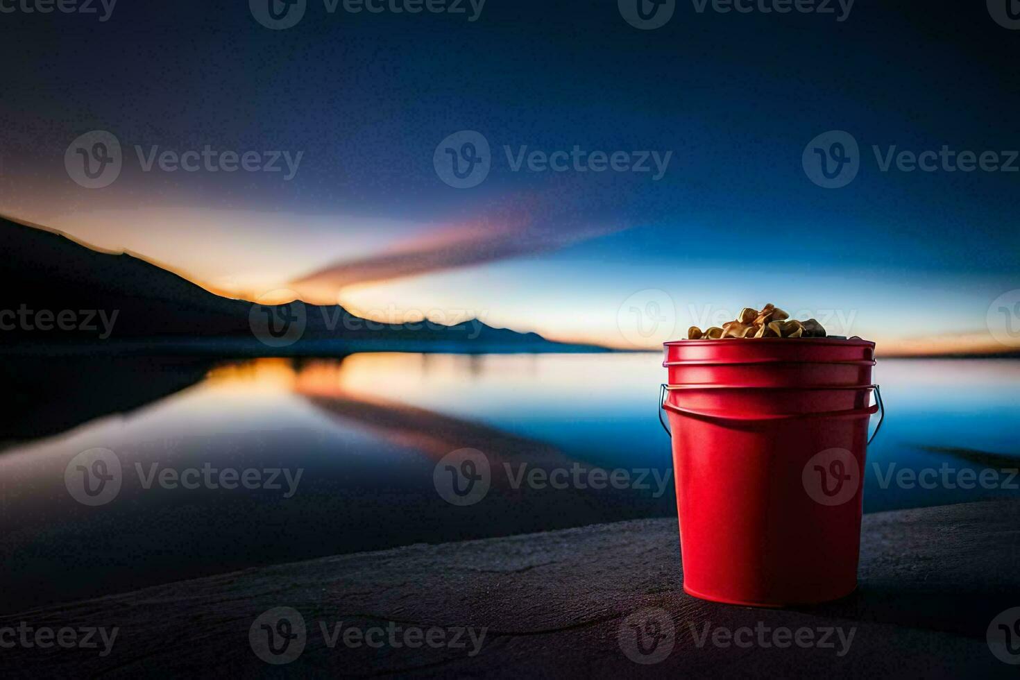 a red bucket sitting on the shore of a lake with a sunset in the background. AI-Generated photo