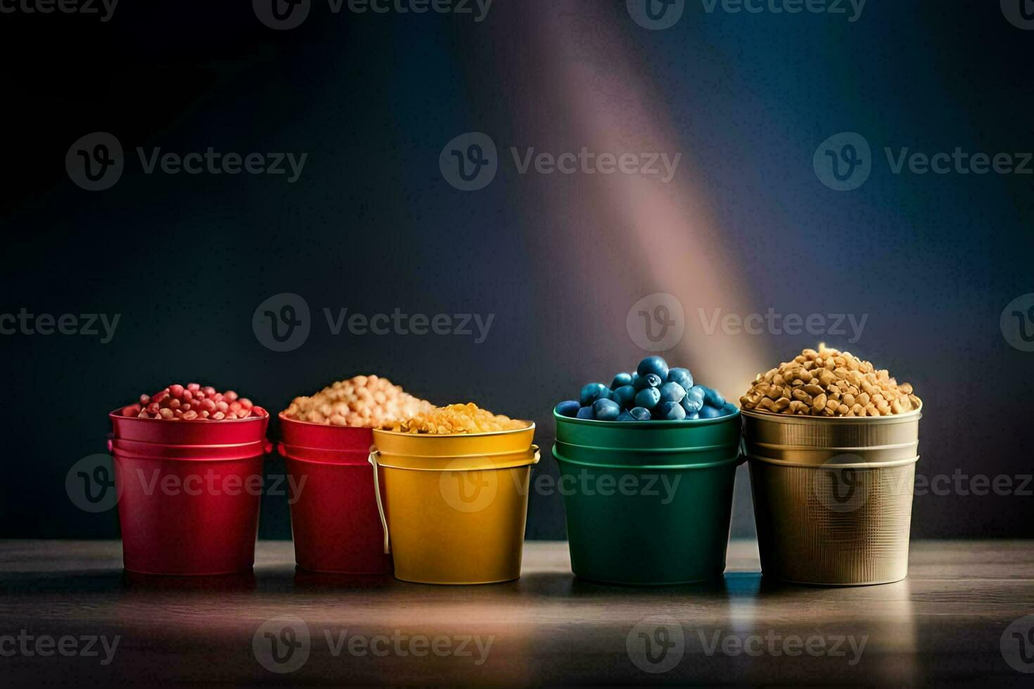 five buckets of different colored cereal on a table. AI-Generated photo