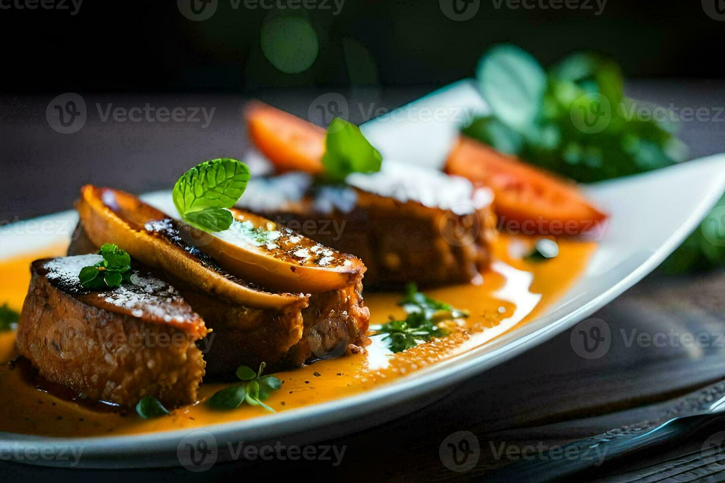 a plate of food with meat and sauce. AI-Generated photo