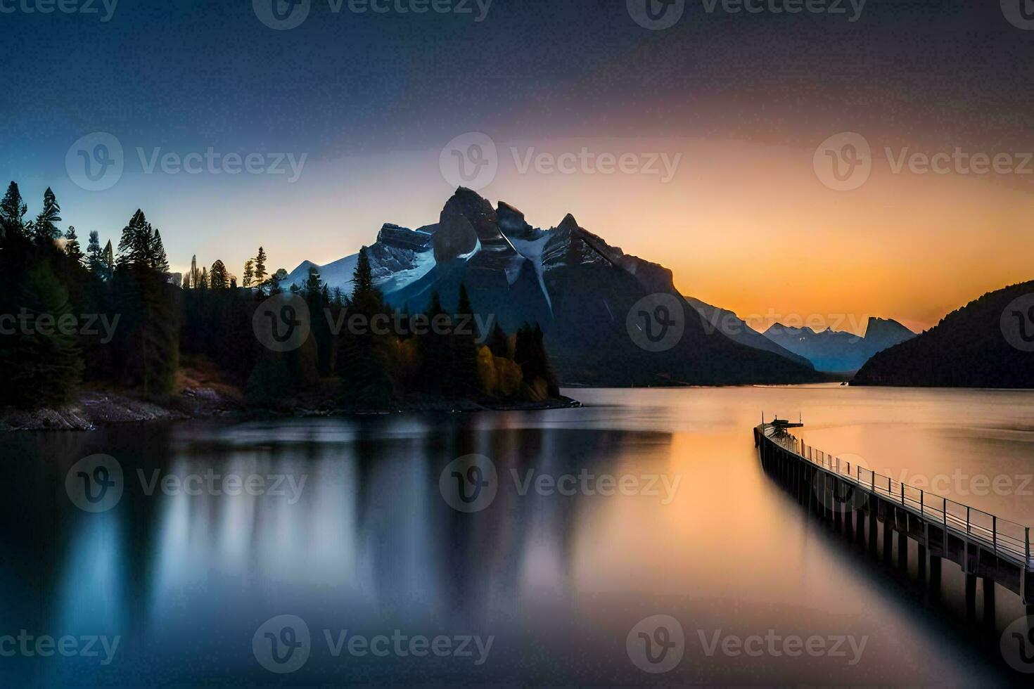 a long pier with mountains in the background. AI-Generated photo