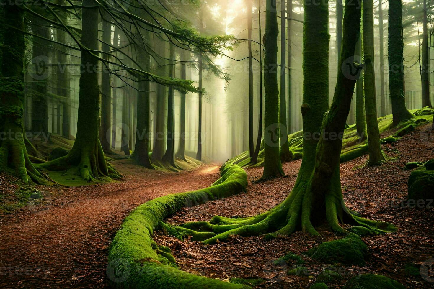 a path through a forest with trees and moss. AI-Generated photo