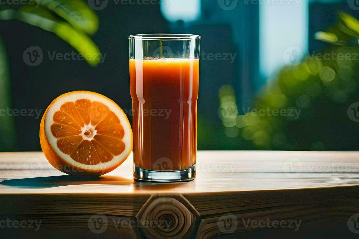 an orange juice and a glass of juice on a table. AI-Generated photo