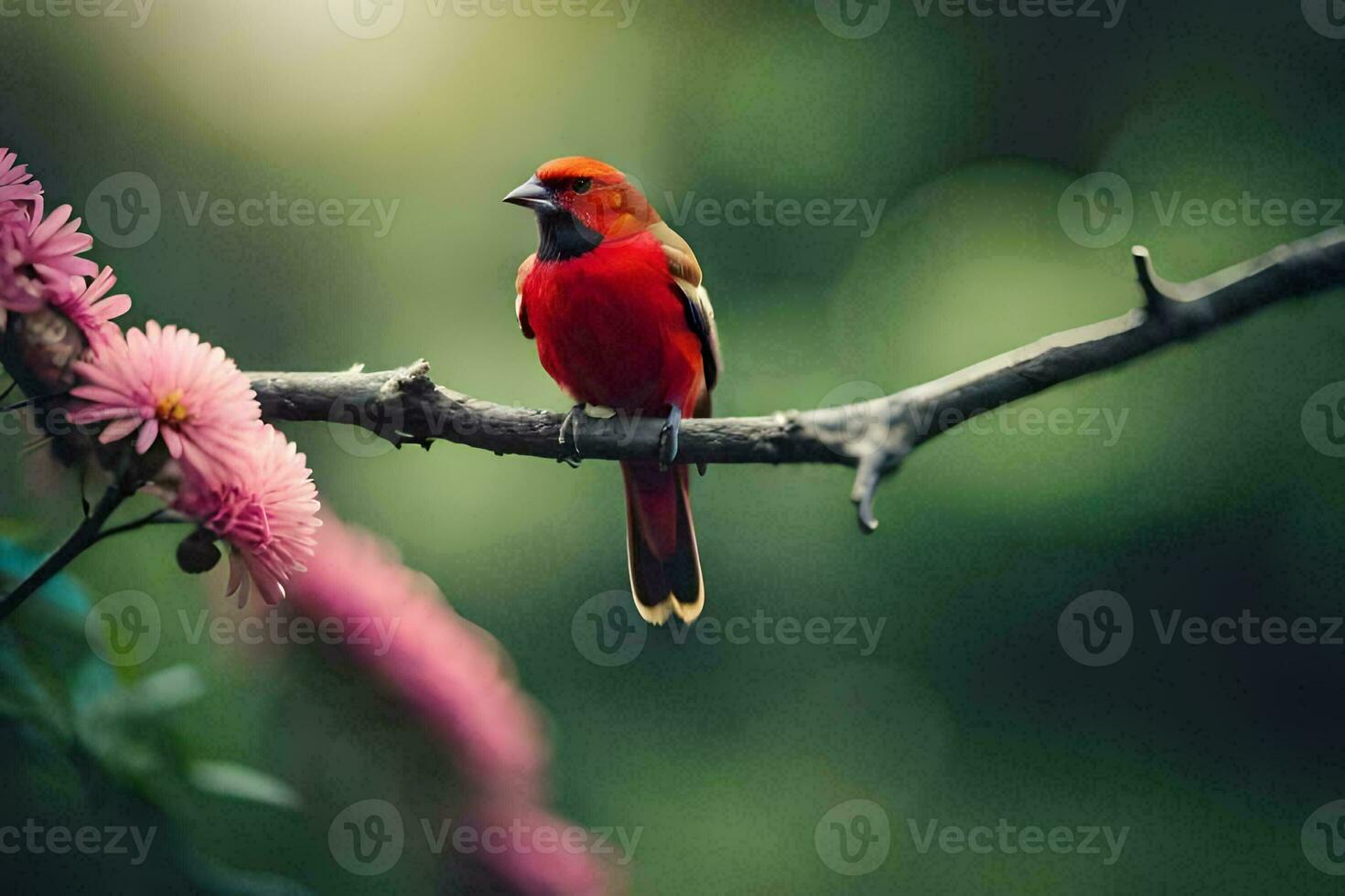 a red bird sits on a branch with pink flowers. AI-Generated photo