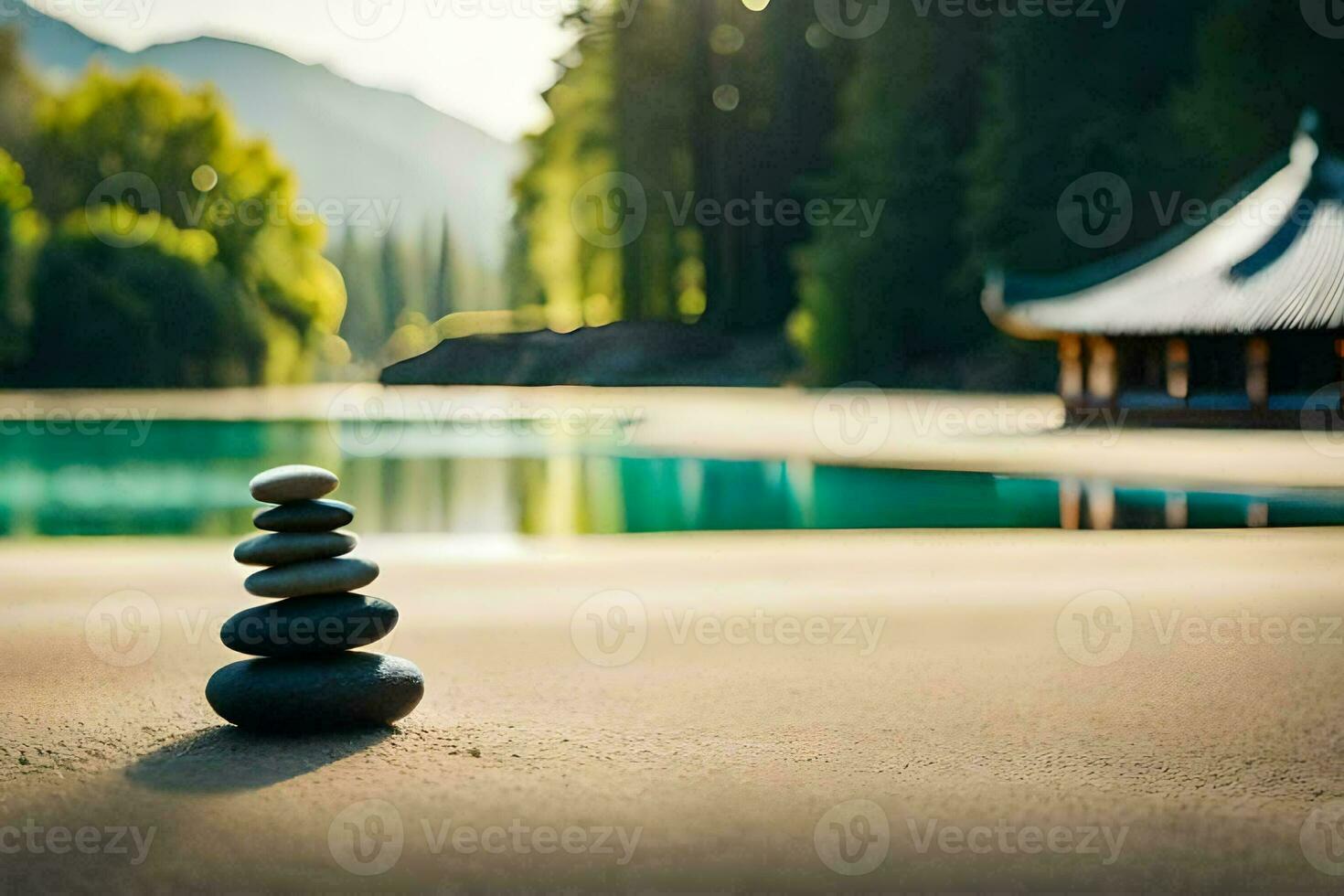 a stack of stones sitting on the sand near a lake. AI-Generated photo
