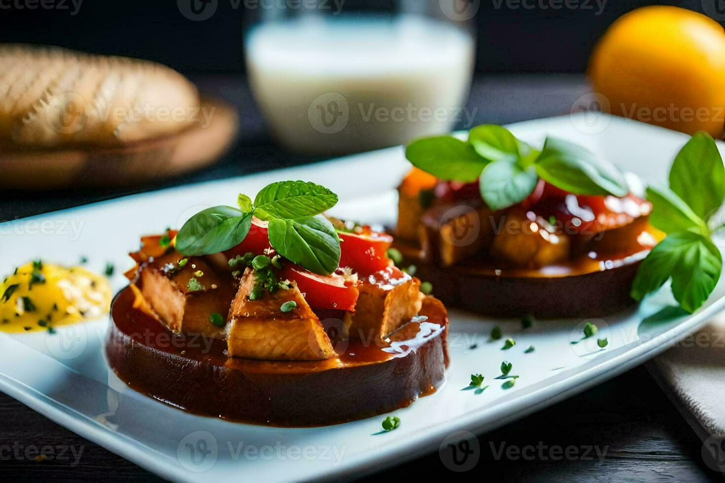 two slices of bread topped with meat and vegetables. AI-Generated photo